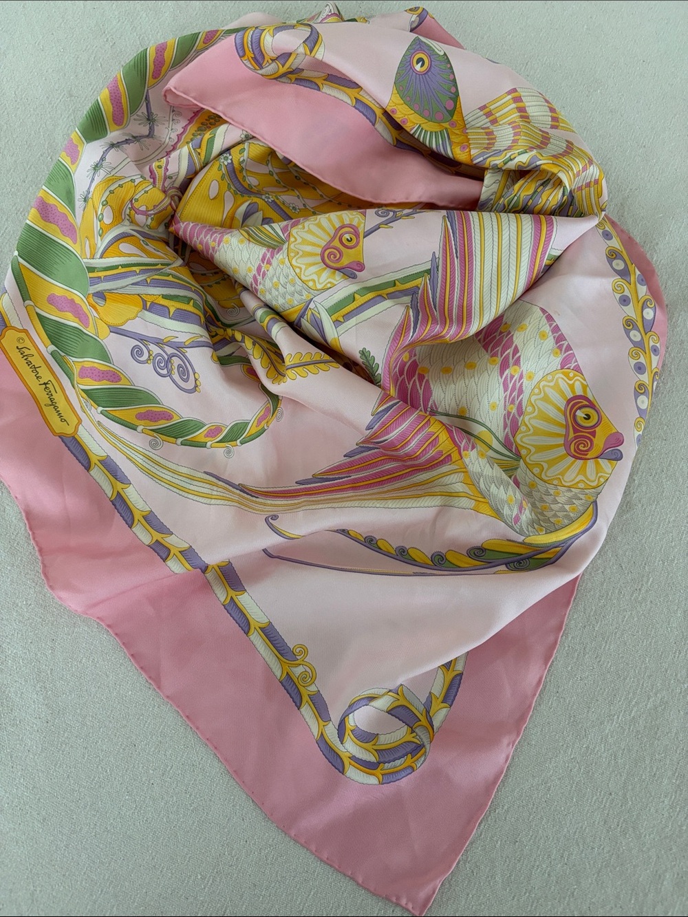 Salvatore Ferragamo Pink, Yellow & Green Silk Scarf